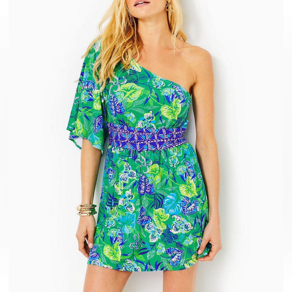 NWT Lilly Pulitzer Green Blue One-Shoulder Mini Dress